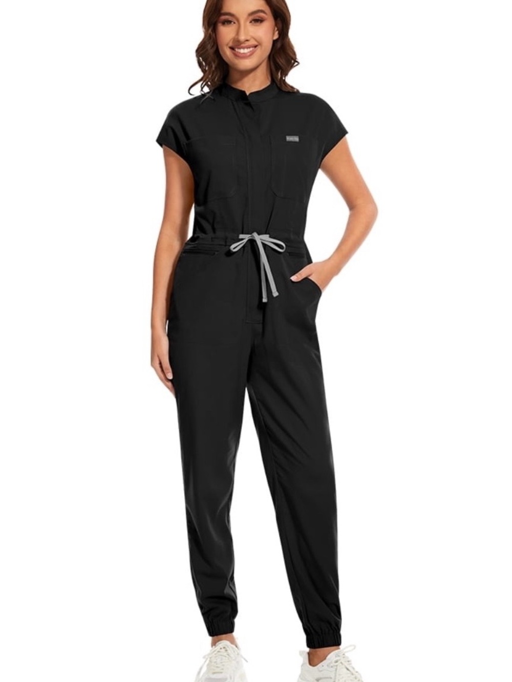 Black Short-Sleeve Utility Jumpsuit with Drawstring Waist